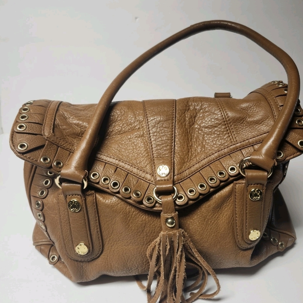 Boho Brown Tan Genuine Leather Shoulder Bag Emma Fox Gold Studs & Tassel